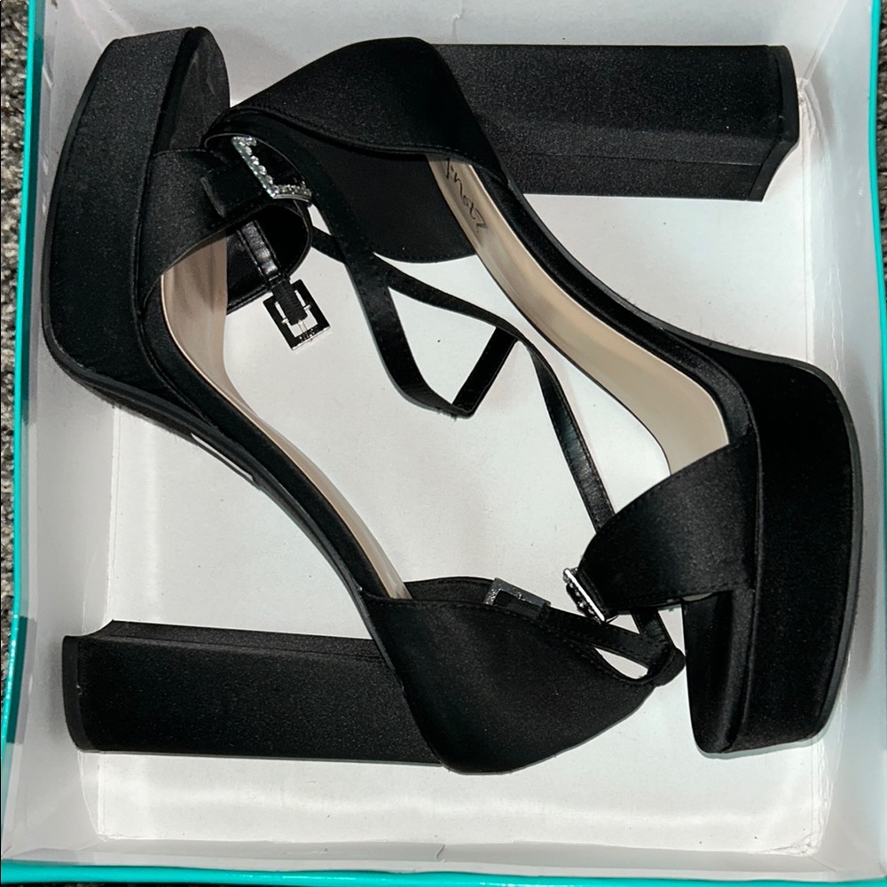 Black Chunky Heel Ankle Strap Heels